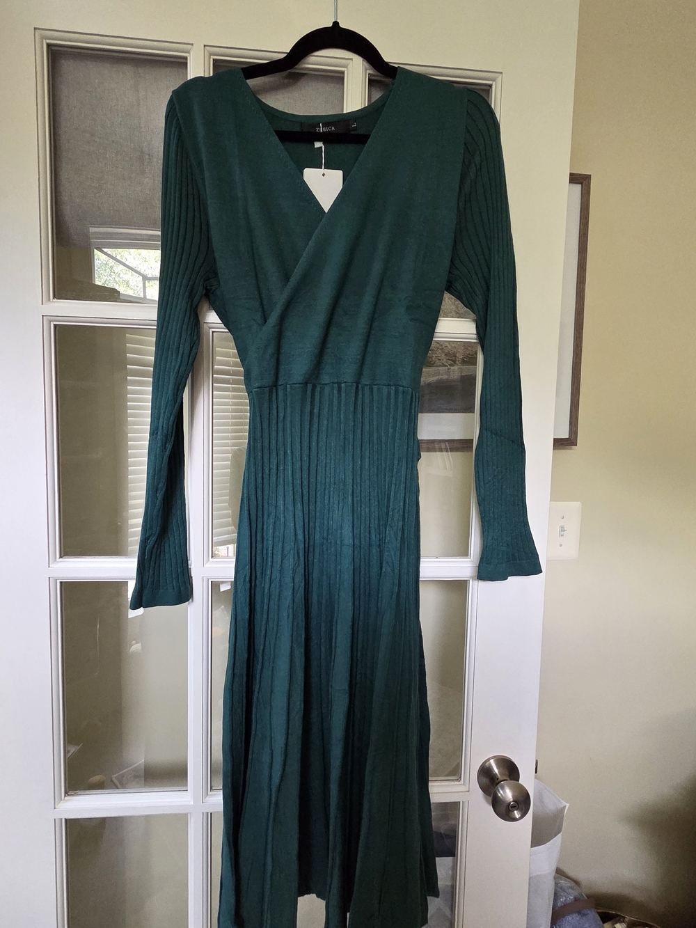 Green Ribbed Long Sleeve Wrap-Front Maxi Dress